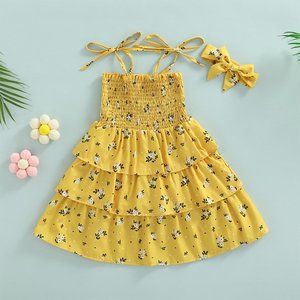 Mustard Floral Smocked Tiered Sleeveless Little Girl Dress & Headband
